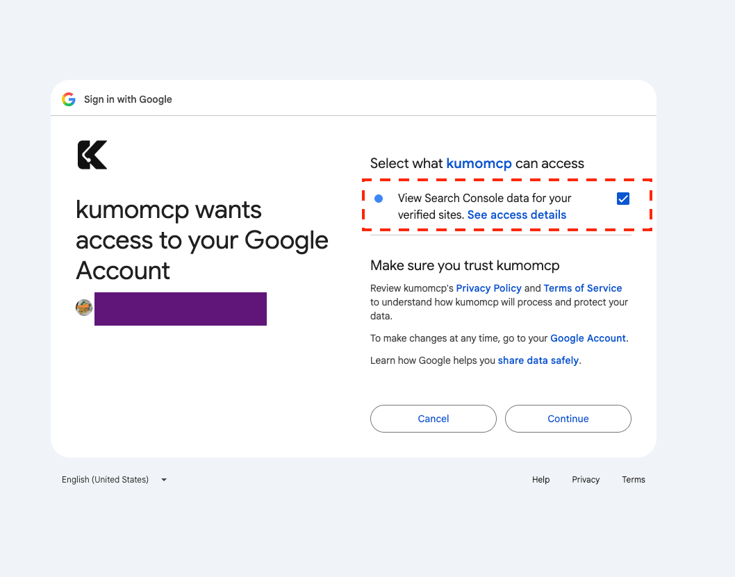 Google consent screen where kumomcp asks to view Search Console data for your verified sites