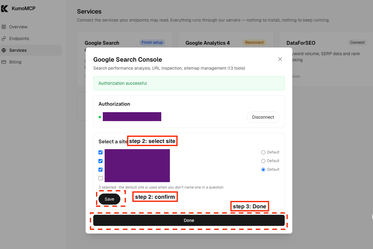 KumoMCP Google Search Console dialog after authorization, with sites ticked and the Save and Done buttons marked