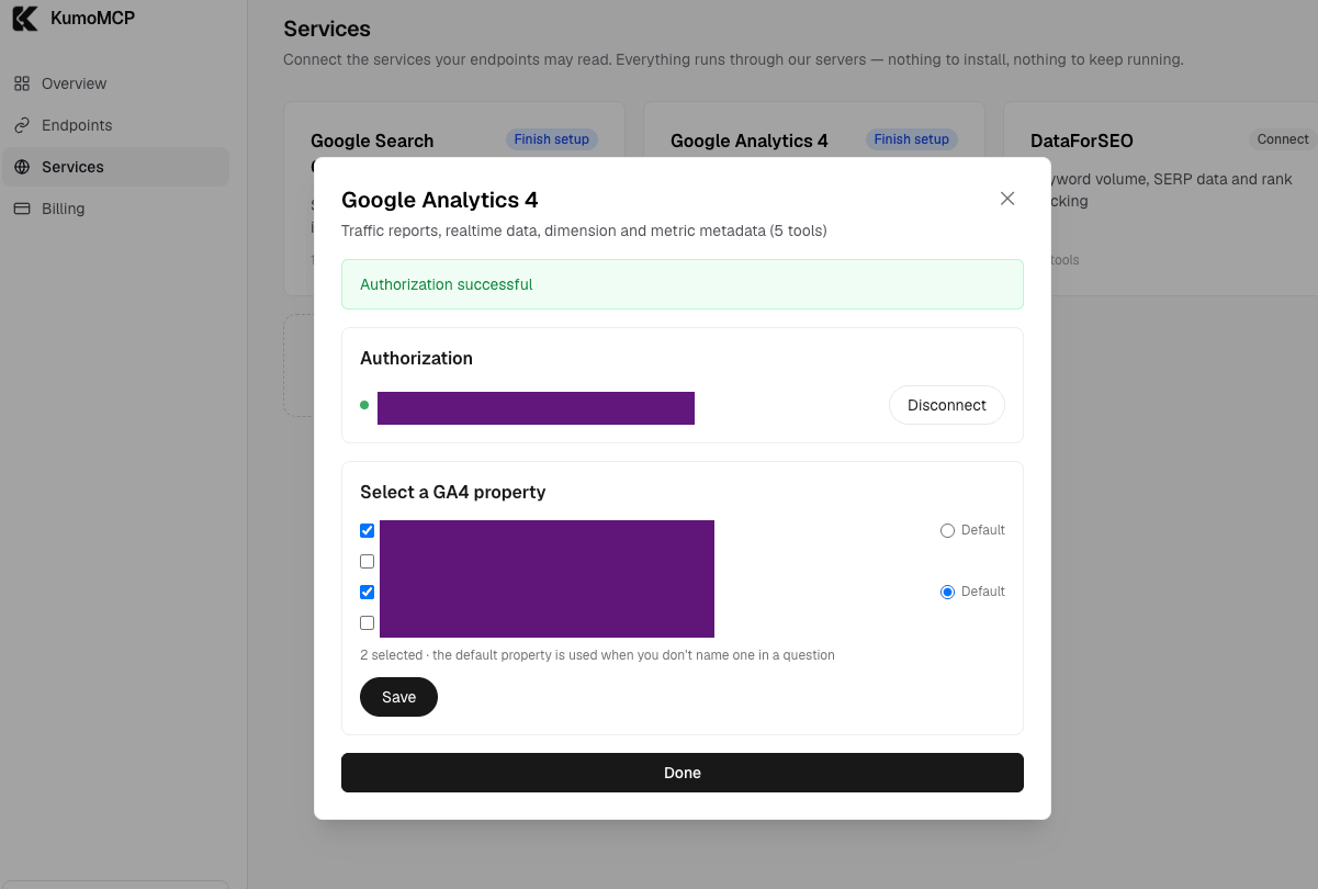 KumoMCP Google Analytics 4 dialog after authorization, with GA4 properties to select and the Save and Done buttons
