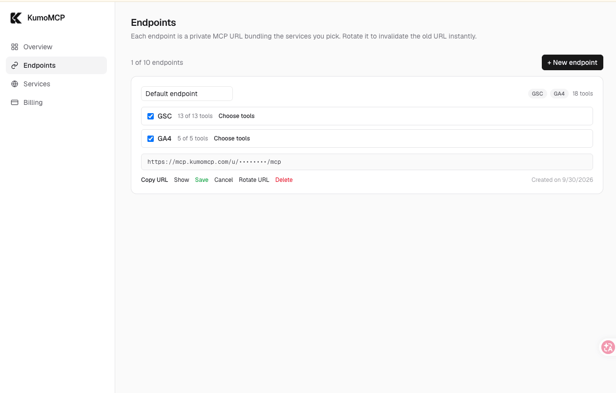 KumoMCP Endpoints page showing a default endpoint with Search Console and GA4 selected and its URL masked