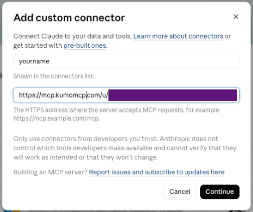 Claude desktop app Add custom connector dialog with a name and the KumoMCP endpoint URL entered