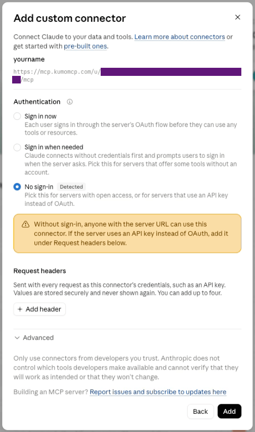 Claude desktop app authentication step with No sign-in detected for the KumoMCP endpoint