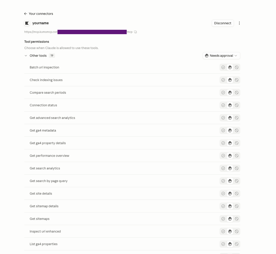 Claude desktop app connector page listing the KumoMCP tools with permission controls