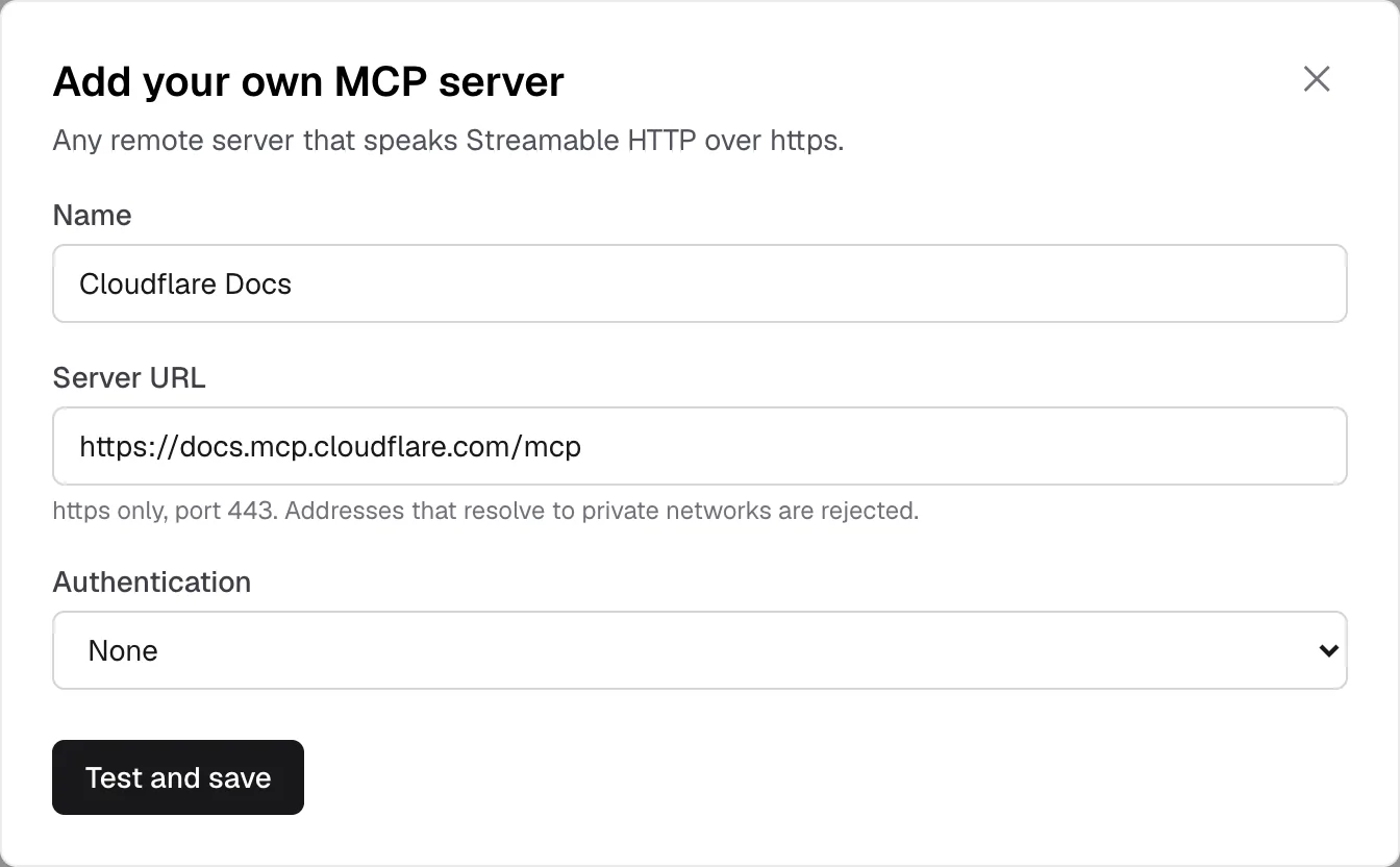 KumoMCP Add your own MCP server dialog filled in with Cloudflare's public docs MCP server URL and no authentication