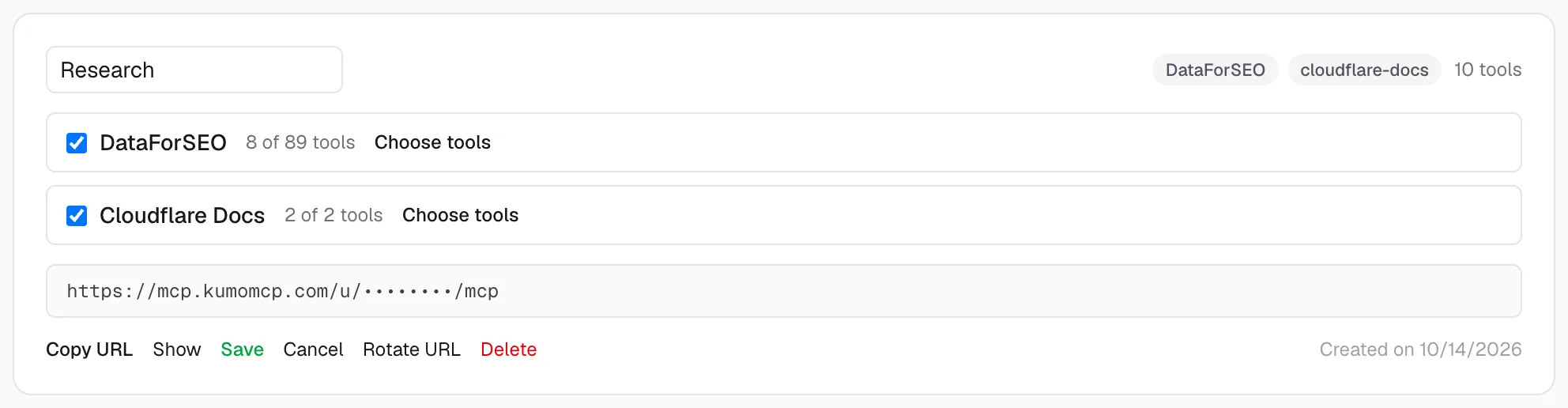 KumoMCP endpoint combining DataForSEO with 8 of 89 tools and Cloudflare Docs with 2 tools behind one masked URL