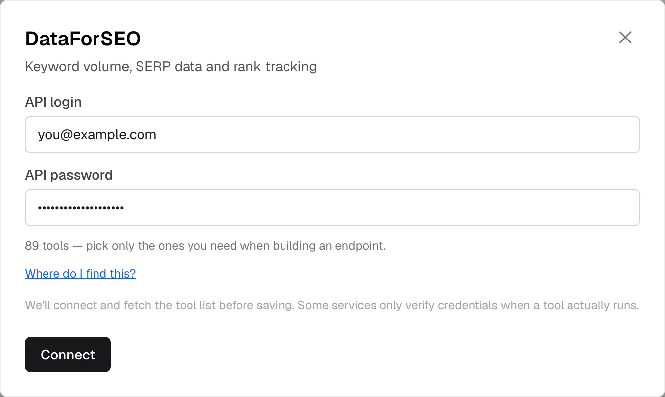 KumoMCP DataForSEO connect dialog with fields for the DataForSEO API login and API password