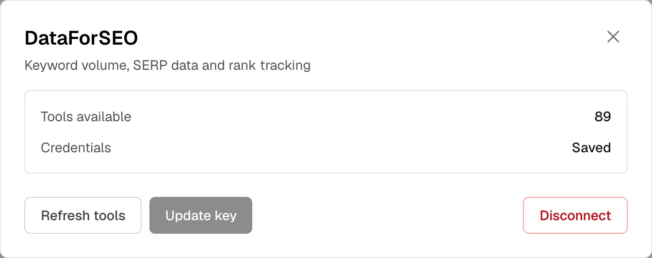 KumoMCP DataForSEO dialog after connecting, showing 89 tools available and credentials saved