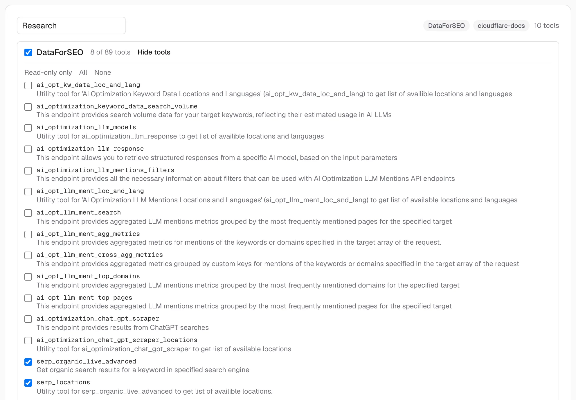 KumoMCP endpoint editor with DataForSEO expanded, 8 of 89 tools ticked and the rest left out